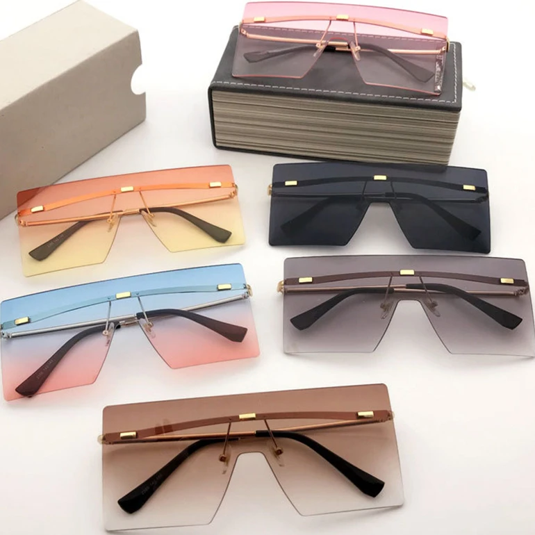 

Fashion Trendy Designer Women Rectangle Oversized Rimless Square Frames Shades Gradient Sunglasses 2021, Picture shown
