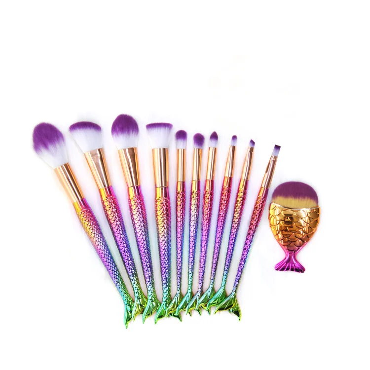 

MOQ 10set CUSTOM LOGO 11pcs Mermaid makeup brush Rainbow Foundation brocha de maquillaje, Multiple colors