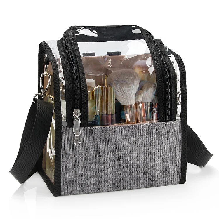 

New Fashion Shoulder Strap Divider Travel Large Black Transparent Cosmetic Bag Stand up Clear Makeup Brush Holder, Gray