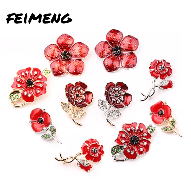 

Hot Sale Poppy Flower Pin Brooch Crystal Rhinestone Red Rose Brooches Alloy Material For Women Wedding Dress Party, As picture