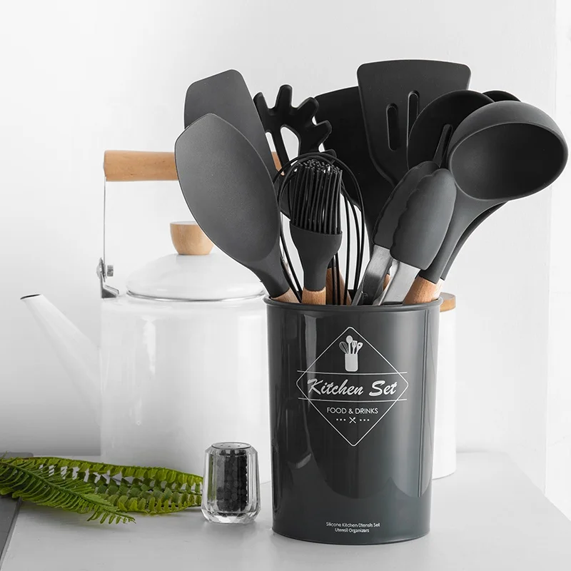 

11Pcs Silicone Kitchen Utensils With Wooden Handle Silicone Dark Gray Kitchen Utensils, Customized