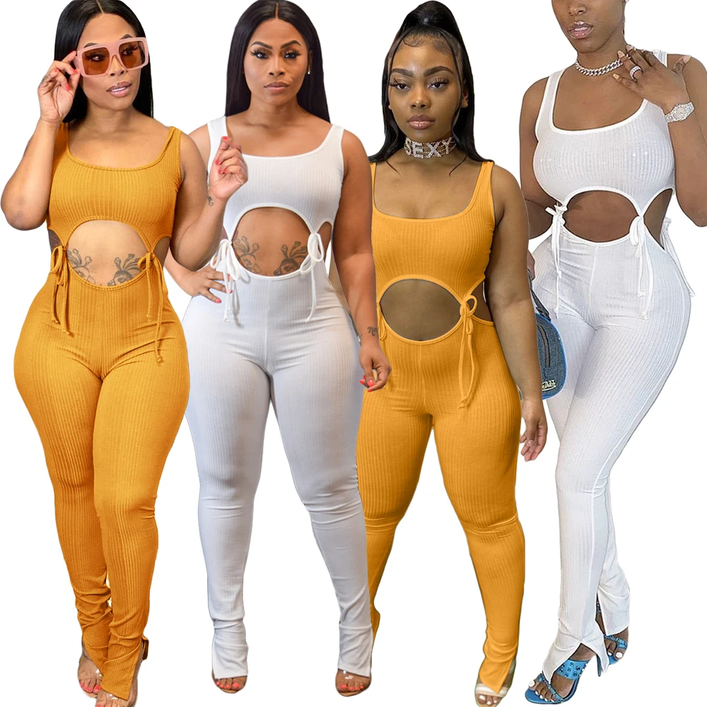 

PZF-CH7504 Fashion sexy sleeveless suspenders midriff outfit 2 piece set women lace up jumpsuit, As pictures