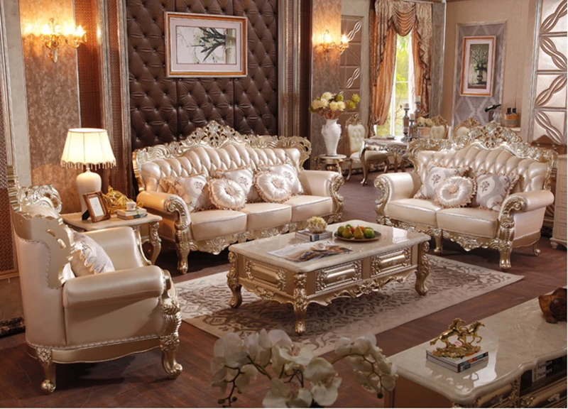 Foshan Royal Luxury Italy Living Room Furniture Sets Gold Leaf Sofa Set
