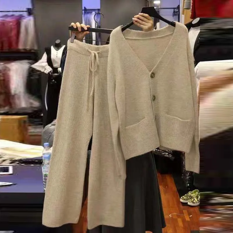 

Wholesale 2021 Autumn and Winter New Solid Color Korean Temperament Large Size Thin Knitted Wide Leg Pants Women Suit