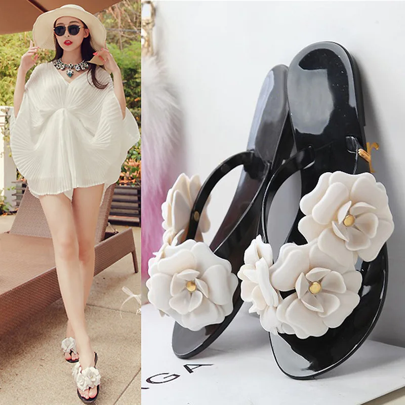 

New Summer Camellia Slippers Flat Jelly Flip-Flops Flip Flops Ms. Anti-slip Small Fragrant Flowers Beach Sandals