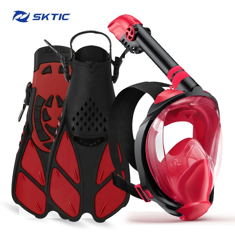 

SKTIC Full Face Snorkel Mask Snorkeling Fins Foldable 180 Degree Panoramic View Anti-Fog Anti-Leak Snorkeling Set, Black red