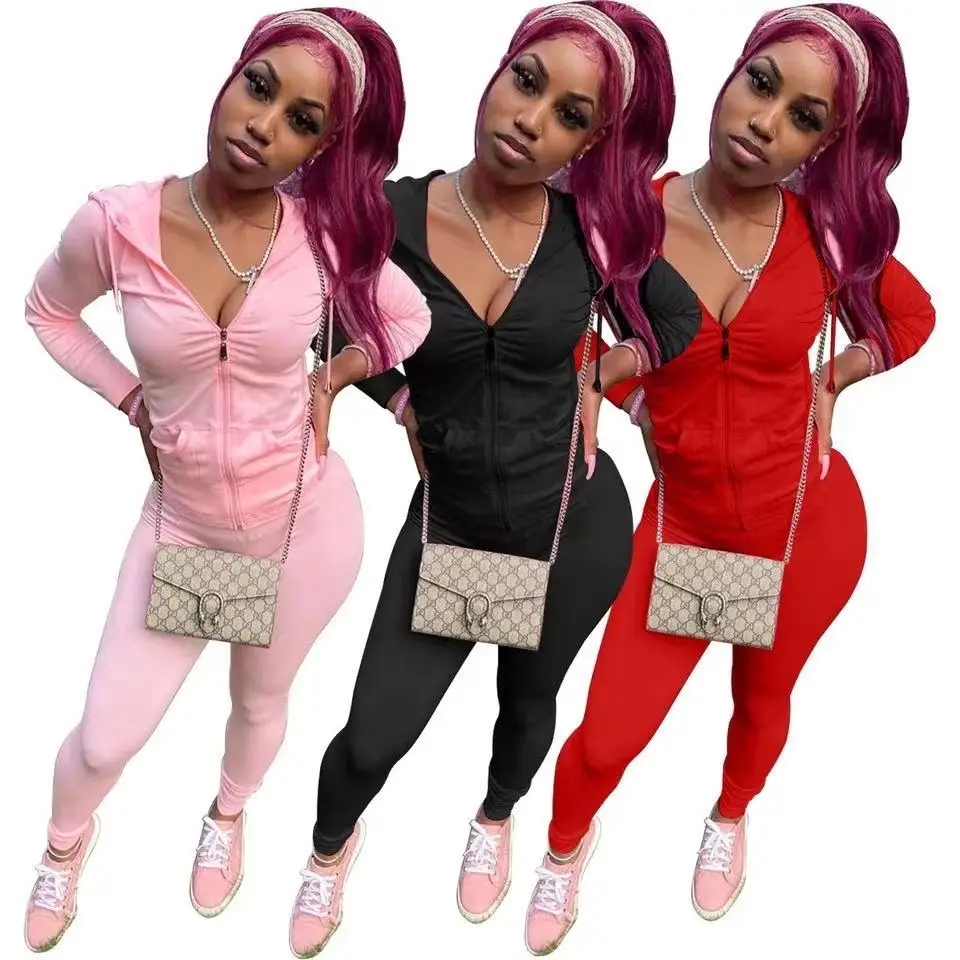 

Outerwear Women Solid Candy Color Outside Sport Sexy Hoodie Tight Long Sleeve Hooded Two-Piece Suit