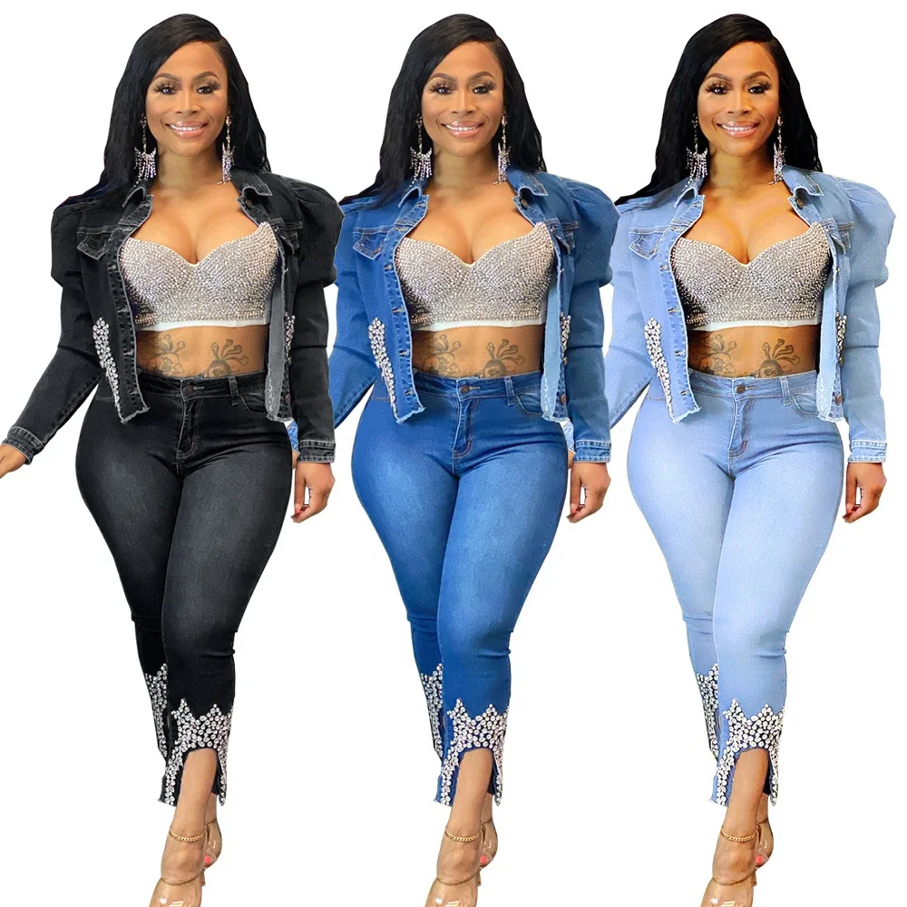 

Spring Outfits 2021 Rhinestone Denim Set Women Two Piece Jacket And Pants