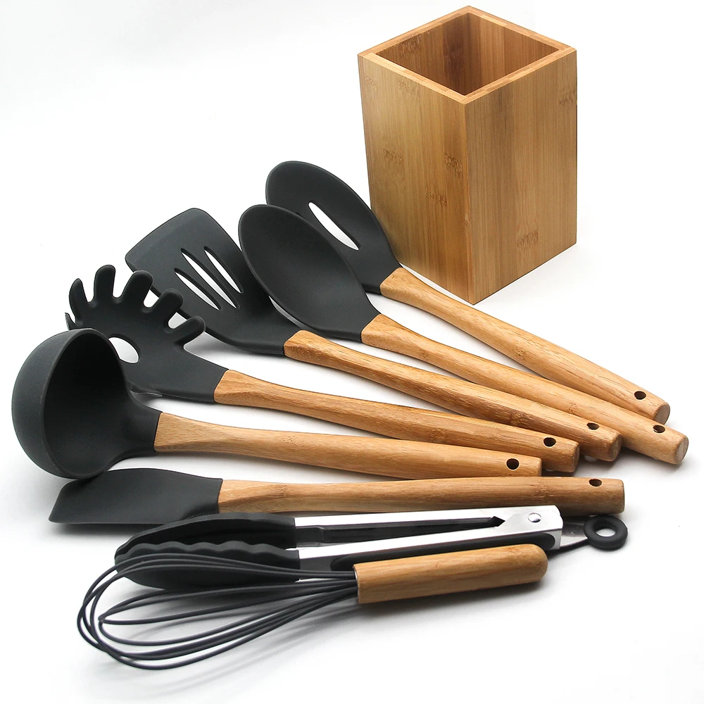 

YF Silicone kitchen cooking utensil set with natural bamboo handle durable non-stick 8pcs kitchen utensils, Brown,gray,black