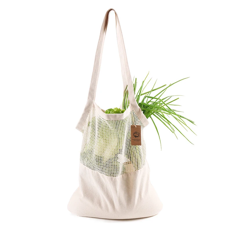 

eco friendly reusable cotton mesh grocery shopping bags biodegradable washable cotton mesh tote bags with reinforced bottom and, Natural color