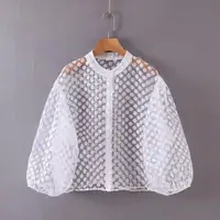 

R40584S Women's Fashion Polka Dot-Print Mesh Loose Button Up Shirt blouses