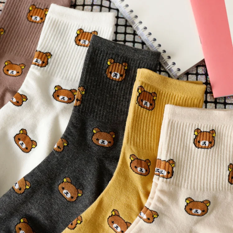 

Cute Kawai Cartoon Women Combed Cotton Socks Women Funny Bear 5 colors Lovely Animal Pattern Casual Sock