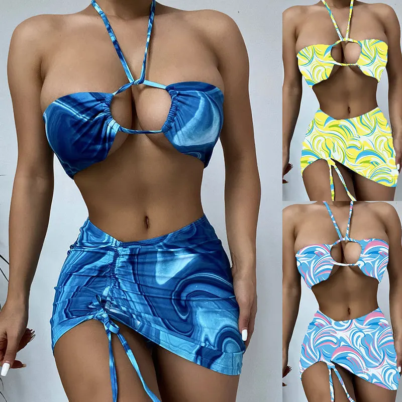 

High Quality Sexy Women Three Piece Halter Strap Print Hollow Out Padded Push Up Thong Bikini Set Swimwear Beachwear With Skirt, Yellow, light blue, blue