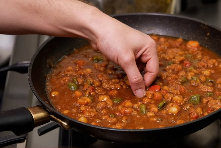 Chef stirring a pot of chili on stove showing proper simmering technique for thickening