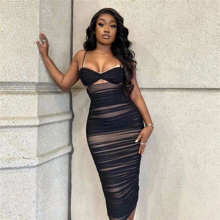 

Summer 2021 Solid Color Ruffle Mech Slip Dresses Sexy Hollow Out Bodycon Midi Dress For Women