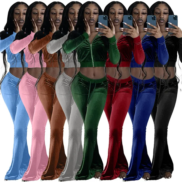 

2022 women velvet two piece pants set long sleevecustom embroidered rhinestones zipper tracksuit velvet two piece long pants set