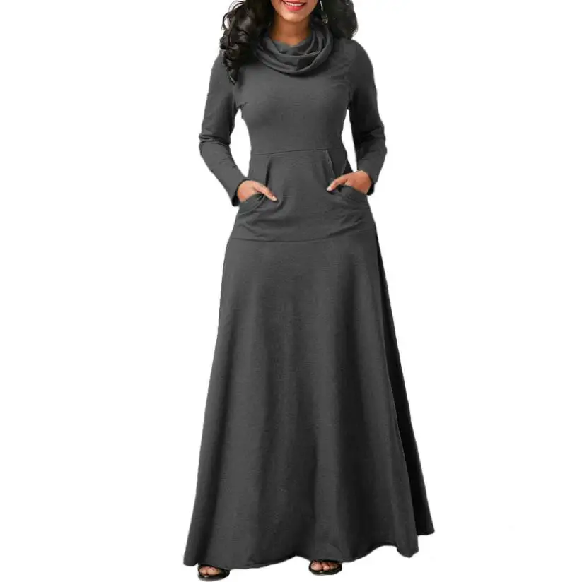 

2020 Casual plus size Fold the high-necked pullover long sleeve dress women plain long sleeve maxi long dresses fall winter