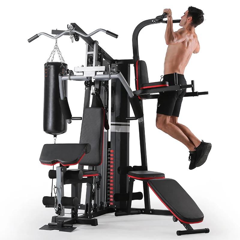 

Multi Station Gym Equipment Home 3 Stations Training Strength Large Comprehensive Training Device, Black