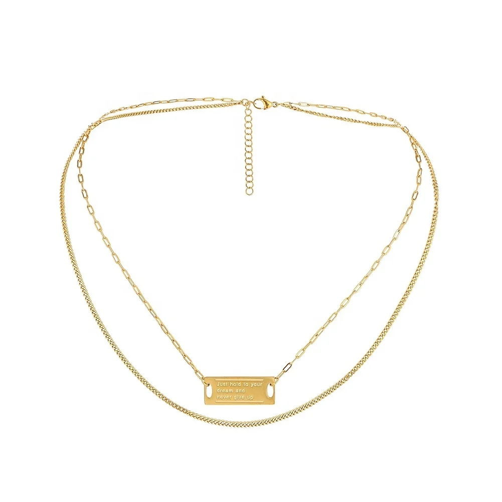 

Popular Luxury gold plated Keep your dream square brand stainless steel double layered necklace women layer chain necklace
