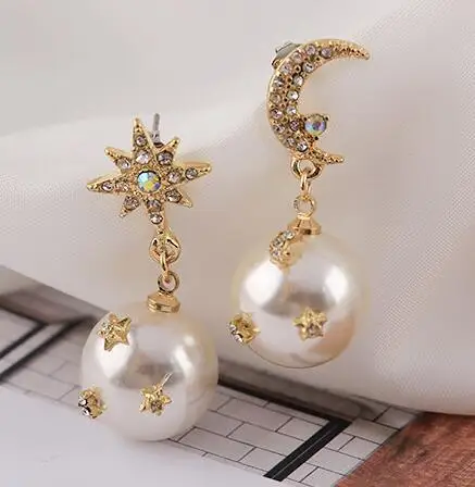 

2019 fashion pearl asymmetric Star Moon design Dangle Earrings Personality exquisite crystal Water Drop style Women earrings new