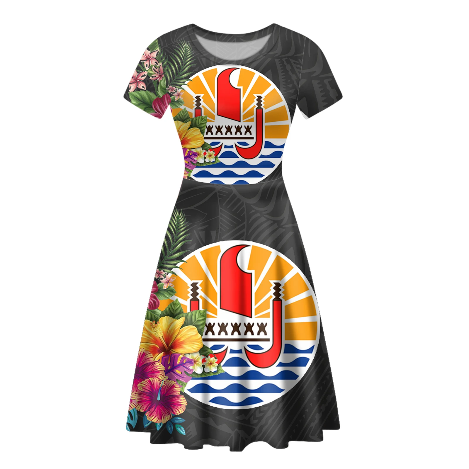 

Clothes Women Summer Casual Dress Vestido French Polynesian Printed Short Sleeve Slim Tunic Dresses
