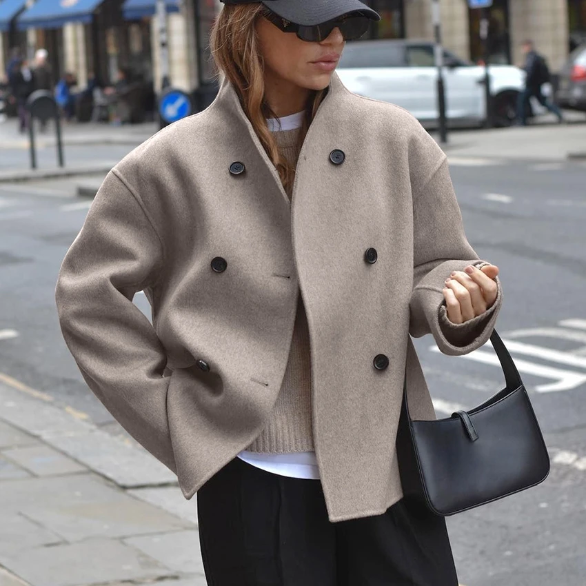 Stand Collar Double Breasted Autumn Women's Jackets and Coats Office Casual Wool Tweed Lady Jacket for Women