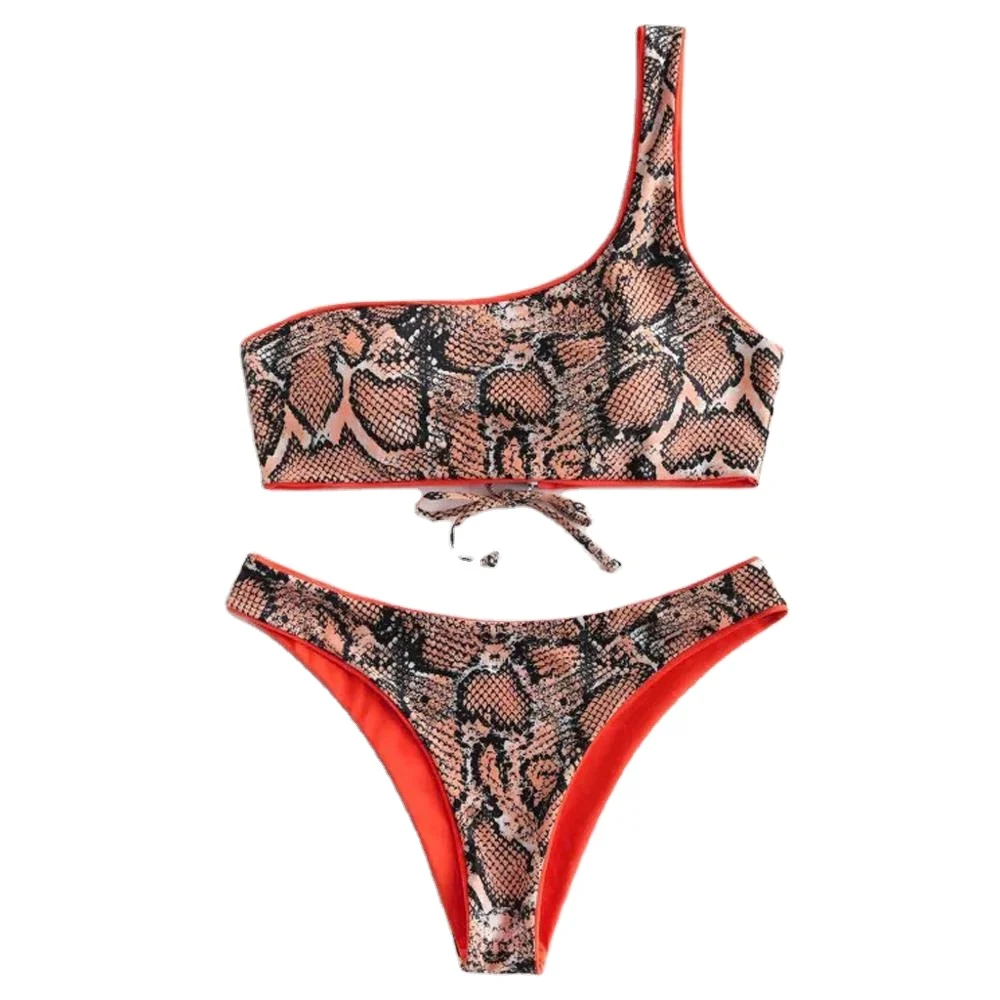 

Summer 2021 New Design Snakeskin Print Two Piece Bikini Set Swimwear one shoulder bikini women swimsuits