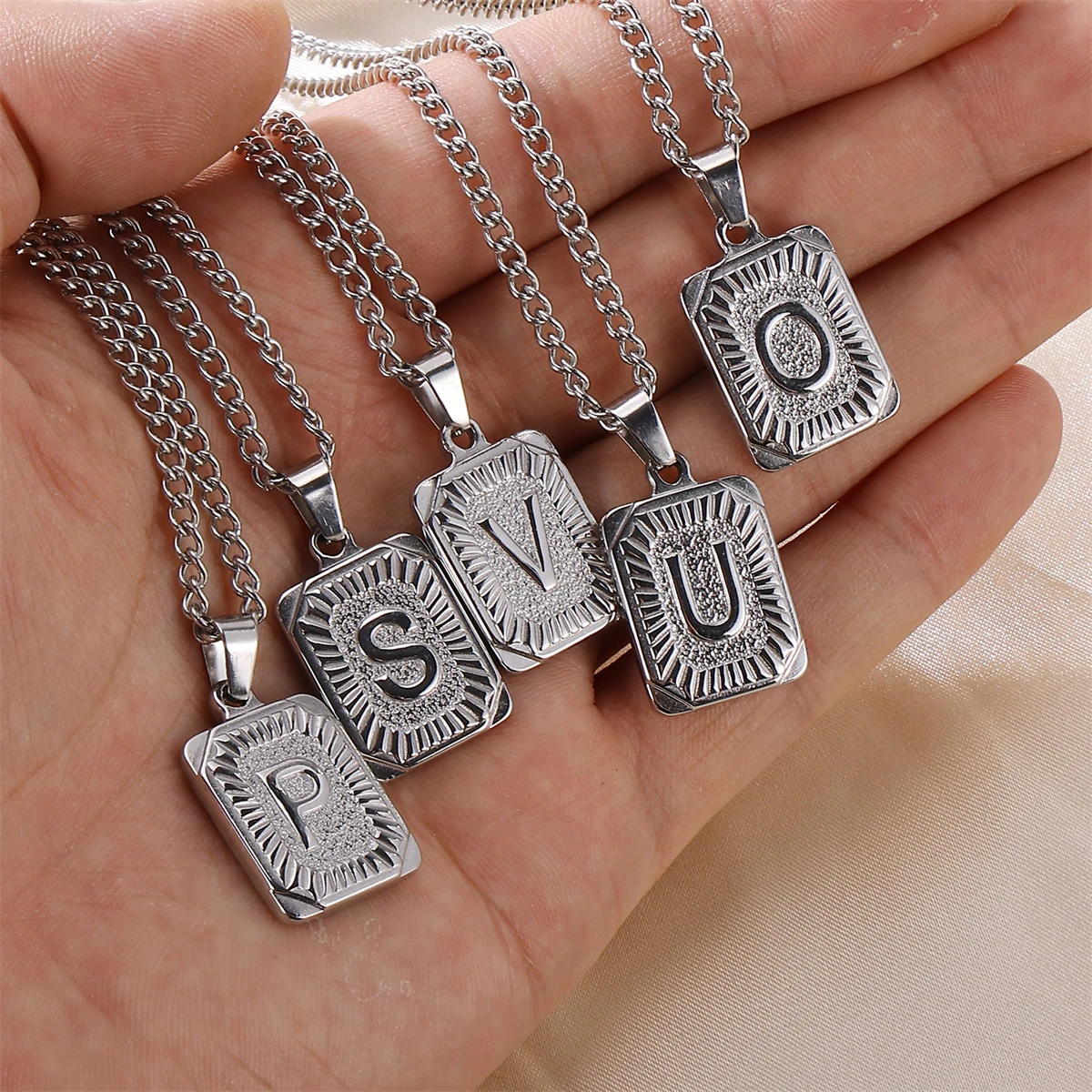 Personalized Square Silver Letter Pendant 26 A-Z Initials With Pendant Stainless Steel Necklace For Men Women