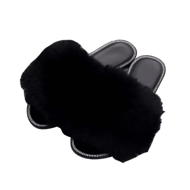 

2021 New Four Seasons Fur Slippers Round Head Ladies Flat Rabbit Fur Couple Home Office Women'S Slippers, 4 color