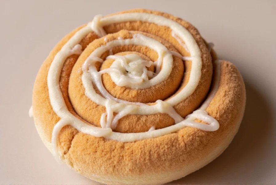 Close-up of a cinnamon roll plush toy showing detailed spiral pattern, cream icing drizzle, and soft brown fabric texture on a neutral background