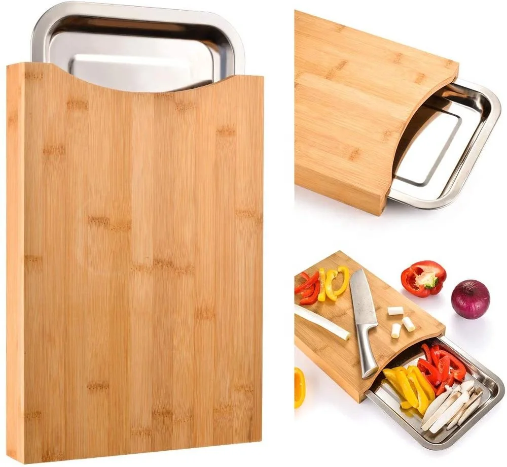 

Kitchen Eco-friendly Bamboo Cutting Board With Sliding Stainless Steel Tray Drawer Bamboo Chopping Board