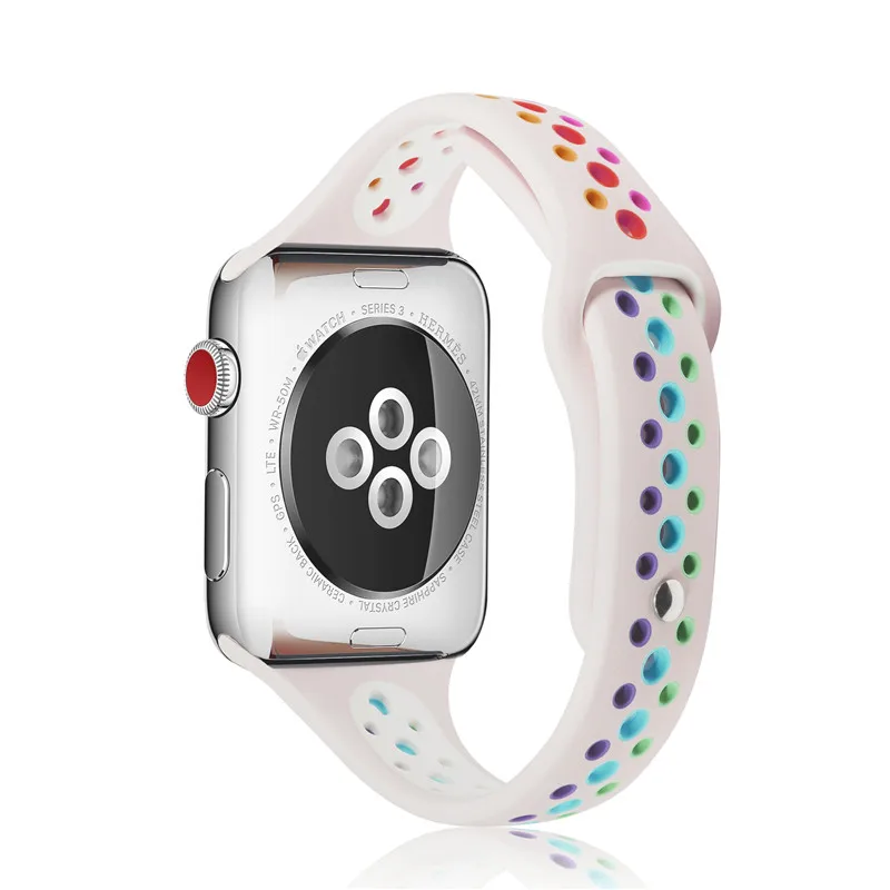 

For Apple Watch Silicone Bands Holes Rainbow Thin Soft Narrow Replacement Strap Wristband Accessory for iWatch Series 3/4/5/6/SE