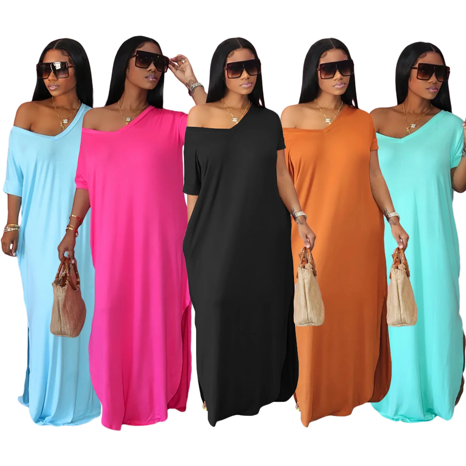 

10505-MX27 v neck solid color maxi slit casual dresses women sehe fashion