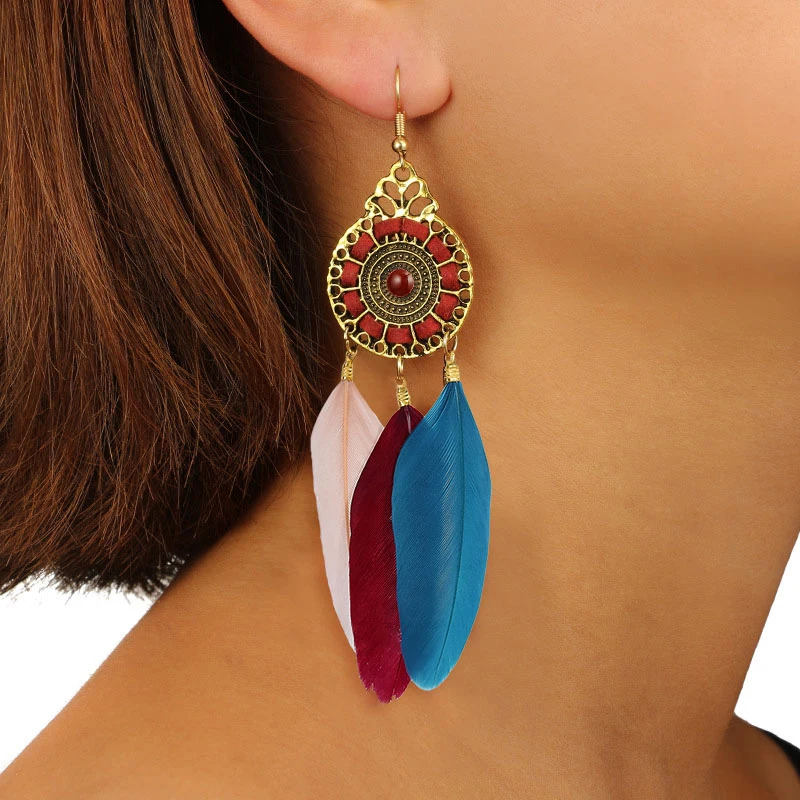 

Fashion Vintage Bohemian Indian Feather Earring Gold Plated Alloy Leaf Pendant Magnetic Drop Dangle Earrings, White,red,pink,blue,dark blue,green,color