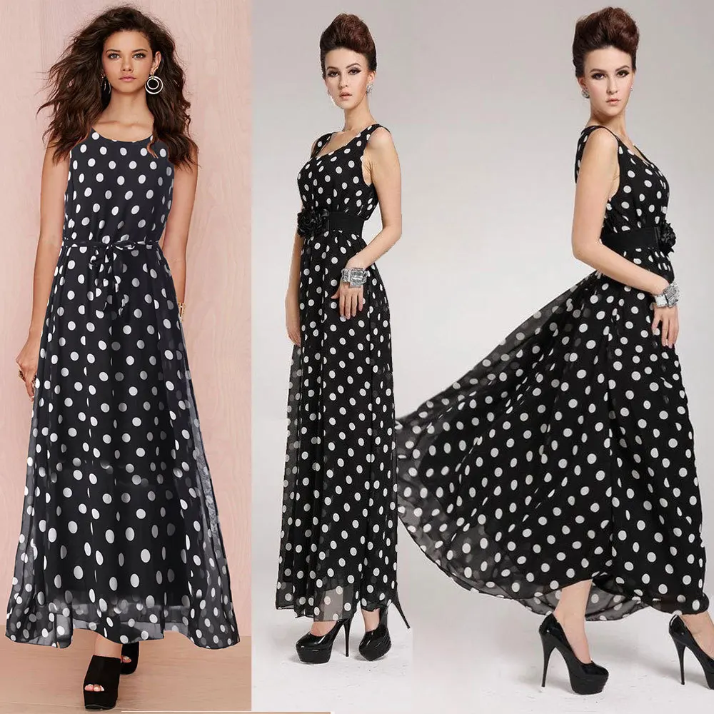 

Women Casual Split Large Skirt With Small Floral and Casual Round Neck Sleeveless Polka Dot Print Dress, Apricot