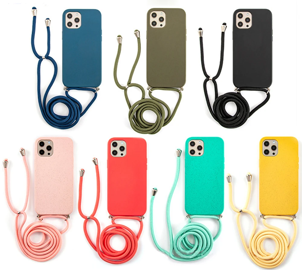 

High Quality New Trendy 100% Bio Degradable Smartphone Case with Lanyard For IPhone 6 7 8 X Xs Xr XS Max 11Pro Max, Black,yellow,pink,red,green,purple