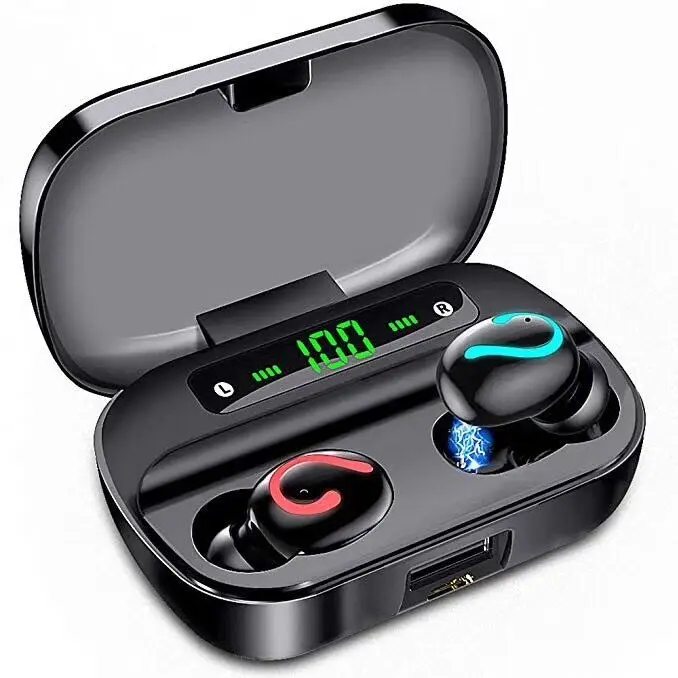 

2021 Upgrade Design Phone Bracket Function Waterproof Lcd Screen Bt5.0 Wireless Earbuds With Emergency Mobile Powerbank, Black color