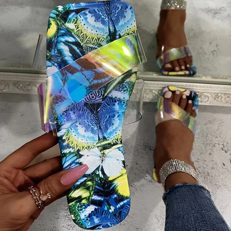 

Color Cross Band Surface Women Shoes Slides Open Square Toe Flat PVC Outdoor Light Weight Summer Women Slides Slippers, Yellow blue gray