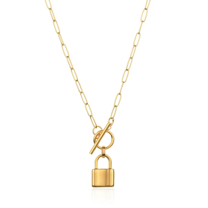 

18K Gold Plated Double Layer Chain Lock Pendant Necklace Stainless Steel Lock Choker Necklace with Toggle Clasp