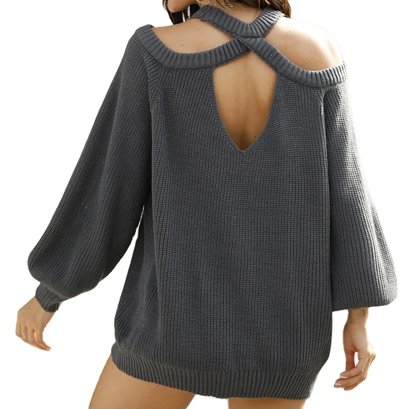 

2020 women clothes solid color Ladies Knitted Back cross knit Strapless long sleeve loose Pullover sweater, As pic
