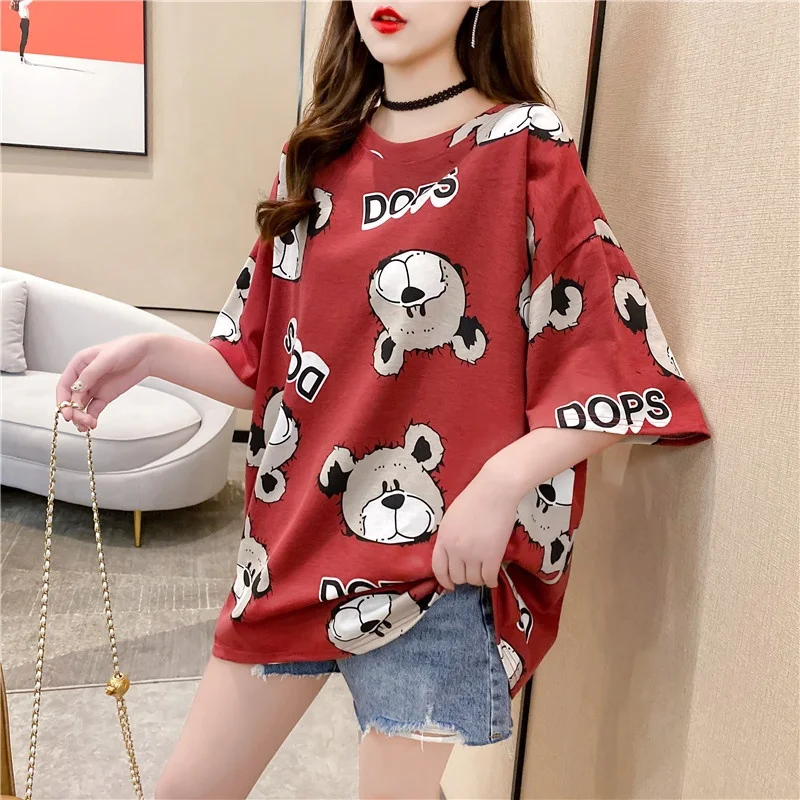 

2021 Summer Short Sleeve Cartoon Bear Loose T-shirt Fashion High Street Plus Size Unisex Tshirt