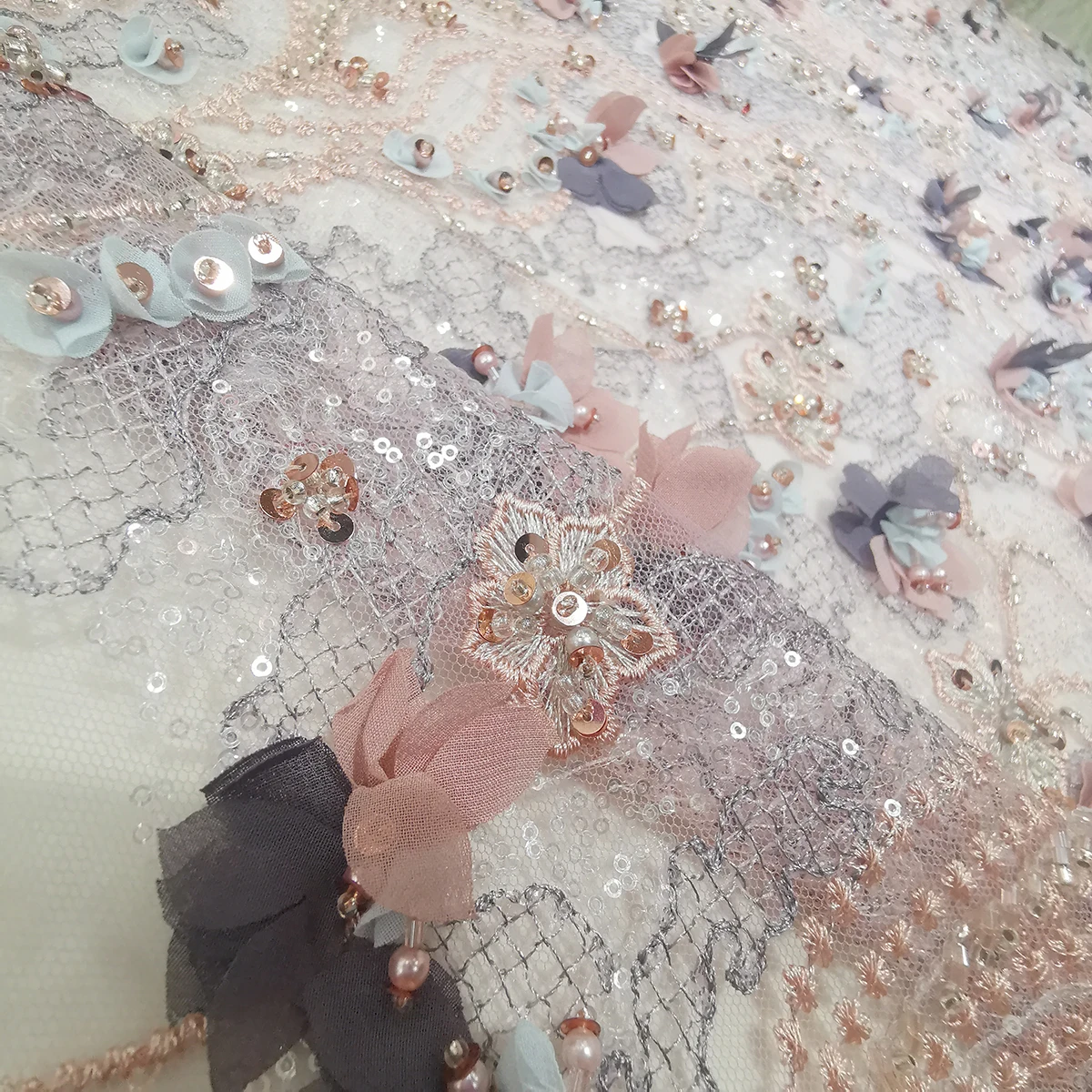 

Top Luxury Nigerian Beaded Embroidered Lace Fabrics Fashion Lady Evening Formal Dress Heavy Handmade Sequins Tulle Mesh Material, Peach, brown, purple, gray, green, customized