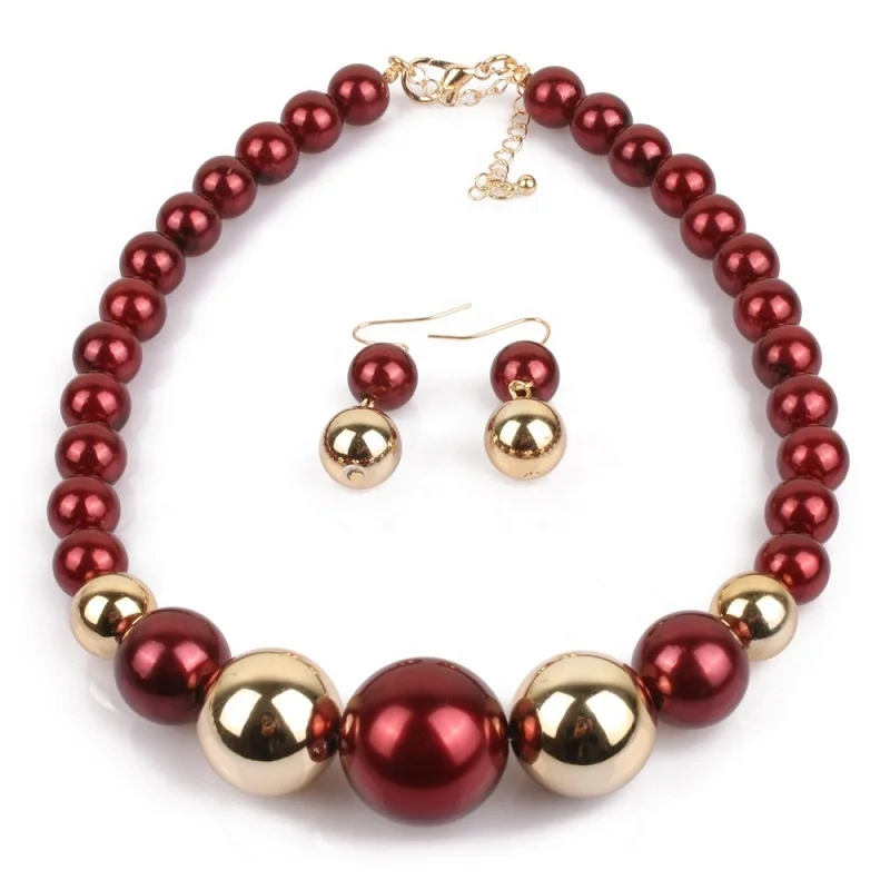 

New Fashion Big Beads Sets Boho Multilayer Pearl Necklace For Women, Red.coffee.white.wine red