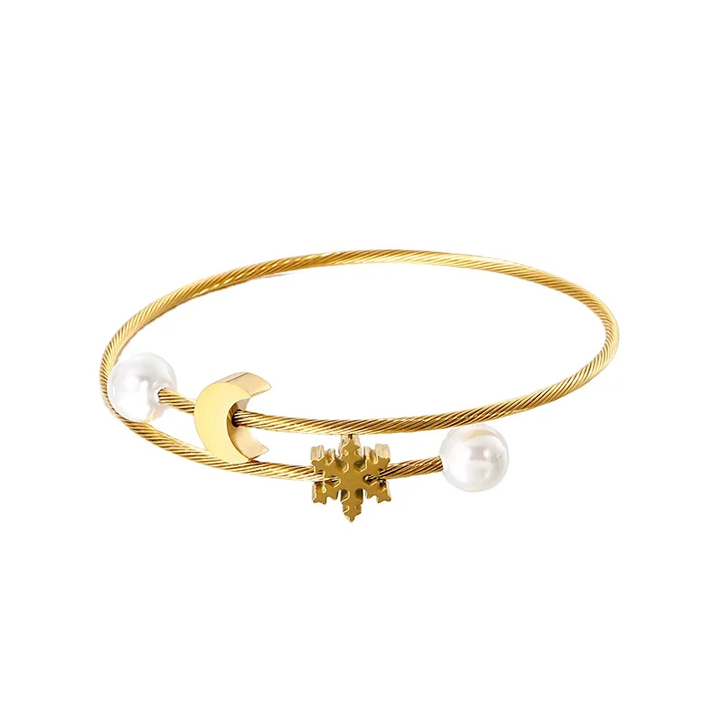 

Wholesale Bracelet Fashion Trendy Stainless Steel Wire Women Jewelry With Moon and Snow design, Customized color