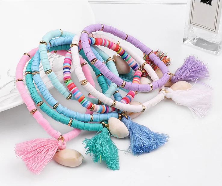 

summer natural cowrie shell tassel bracelets stretch polymer clay beads shell bracelets hot beach sea shell bracelets, As picture