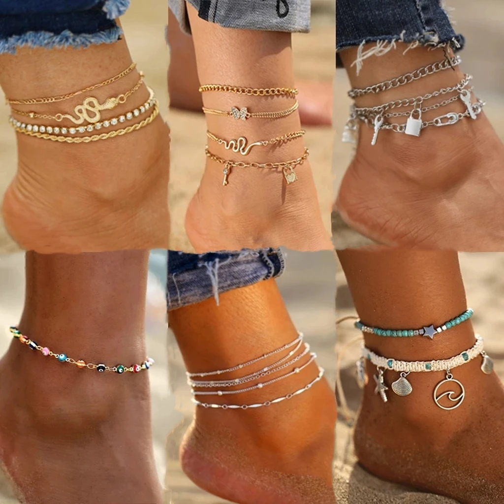 

Bohemia Multilayered Lock Snake Chain Anklet For Women 2022 Trend Gold Butterfly Shell Anklets Foot Bracelet Beach Jewelry