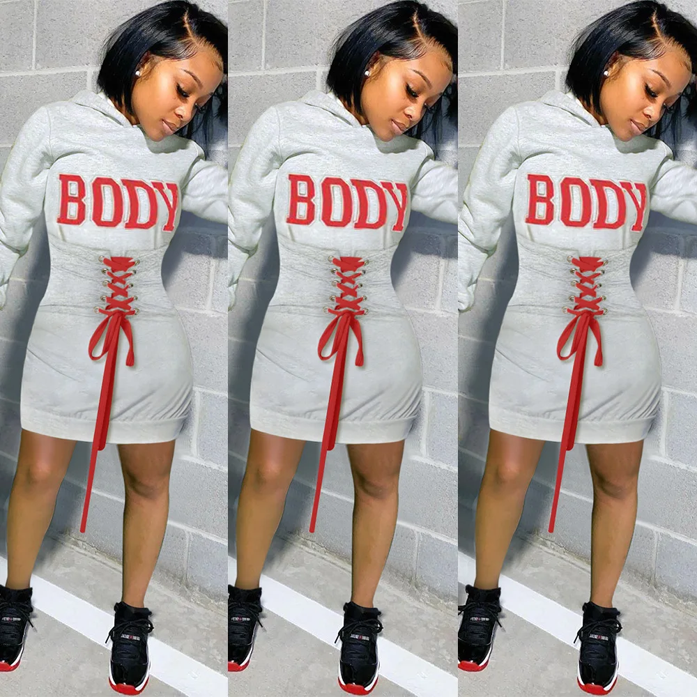 

Yingchchao 2020 Wholesale Fall Hot Gray Casual Lace-up Beam Waist Monogram Hooded Short Sweater Dress Women Pullover Blouse