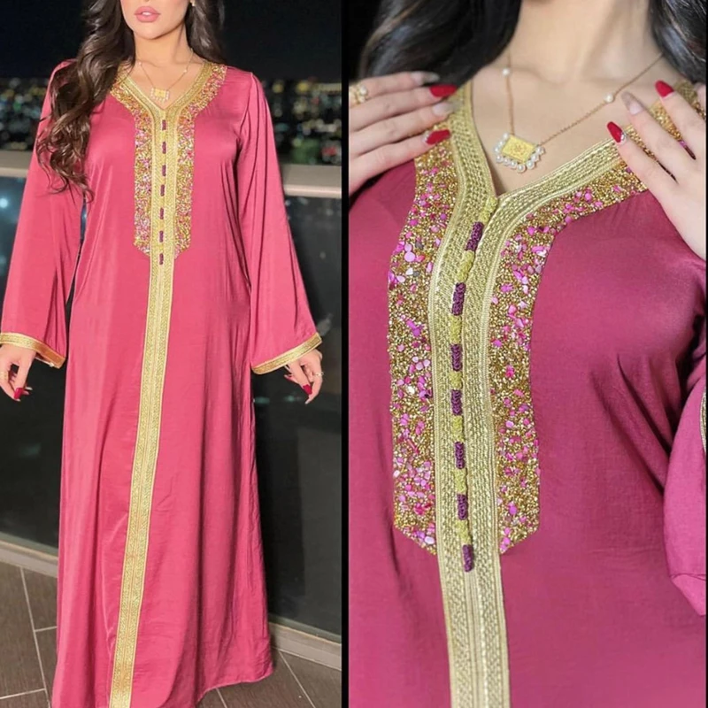 

Ramadan Eid Pink Maxi Muslim Dress Women Abaya Turkey Arabic Dubai Diamond Ribbon V Neck Long Sleeve Jalabiya 2021