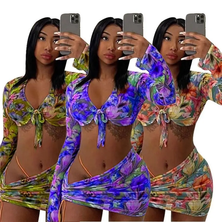 

MISSMOEN Best Design Sexy Mesh Flower Print 2021 Women Clothes Summer Outfits Dress Set 3 Piece Skirt Set