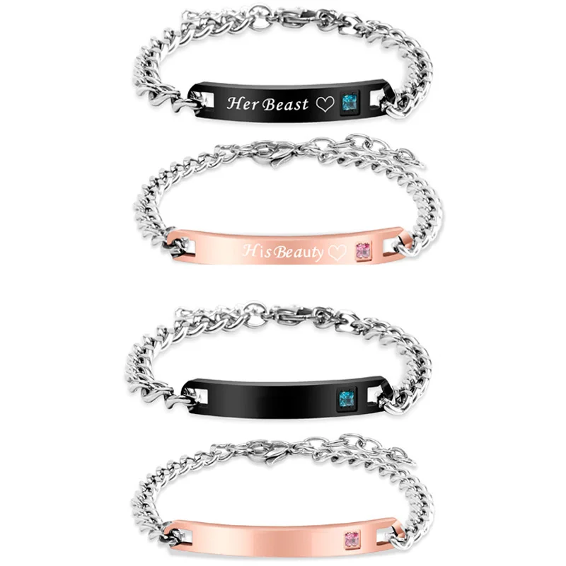 

Couple jewelry stainless steel zircon crown king queen charm chain bracelet